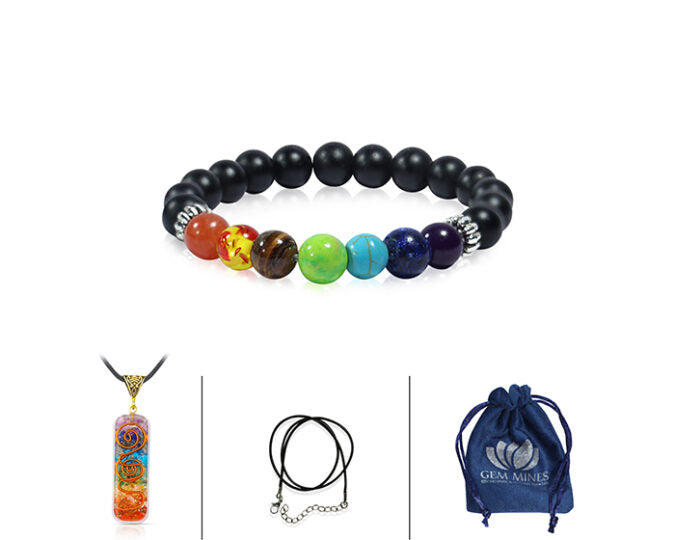 Combo of 7 Chakra Black Onyx Bracelet with 7 Chakra Orgonite Pendant