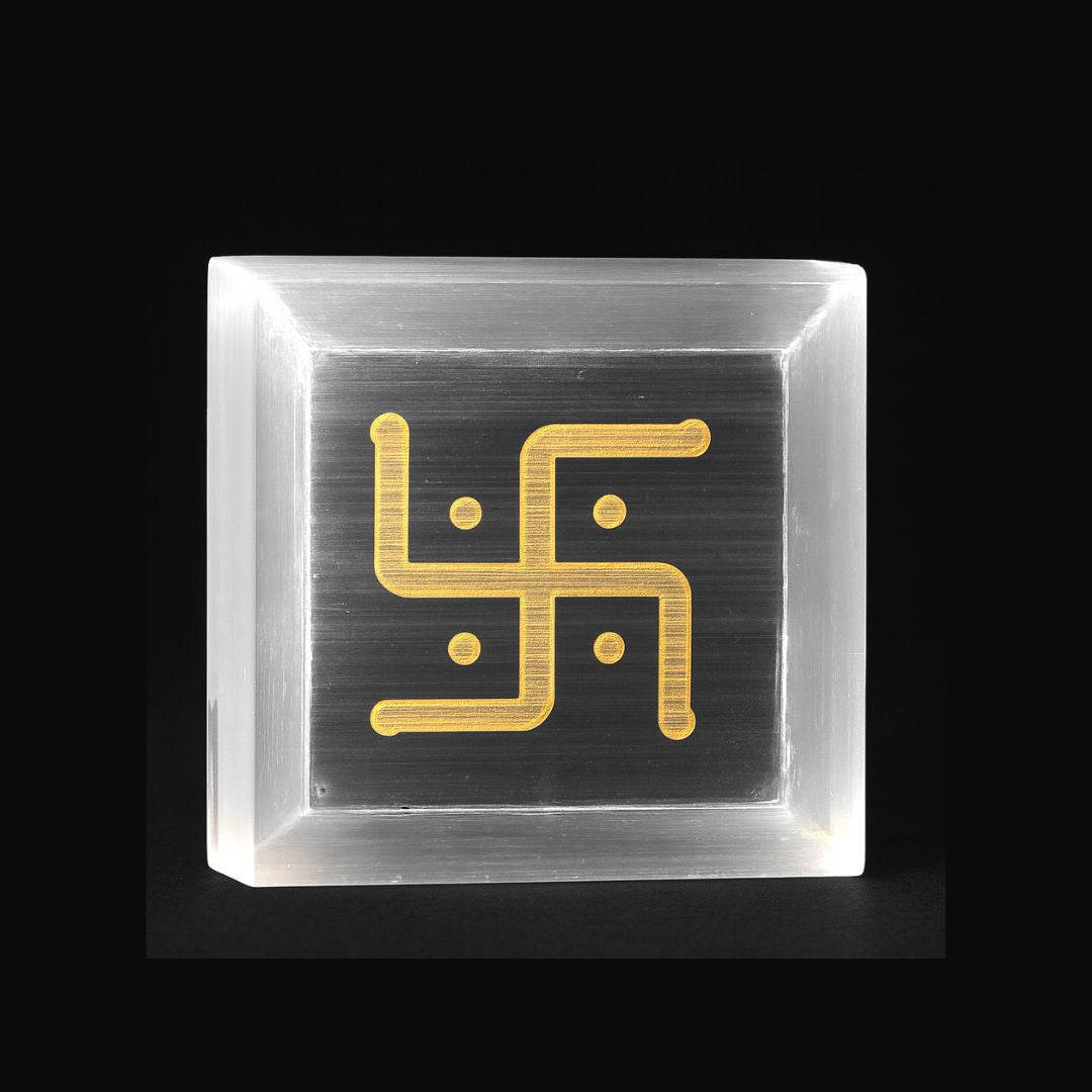 Selenite Swastik Energy Cube